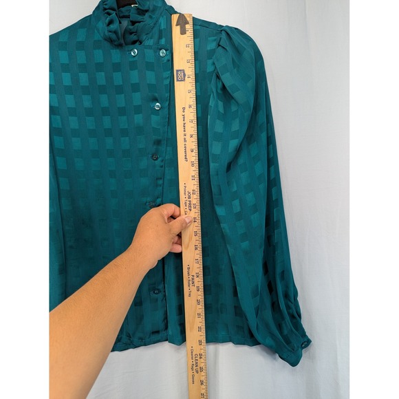Vintage Teal Geometric Textured Ruffle Neck Long Sleeve Button Up Blouse - Picture 4 of 9